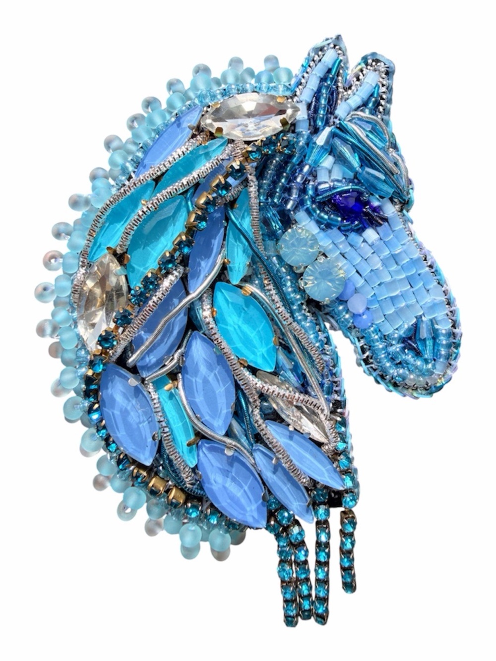 Handcrafted Blue Beaded Horse Head Brooch - Women's Jewelry